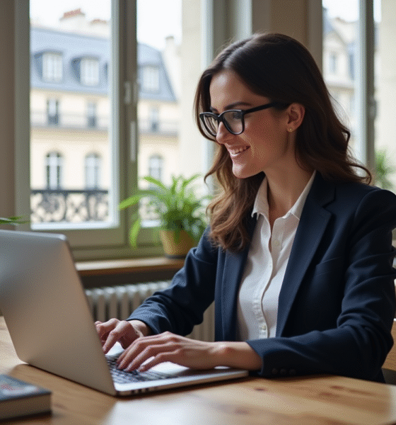 Femme au bureau à Paris avec vue sur architecture haussmannienne