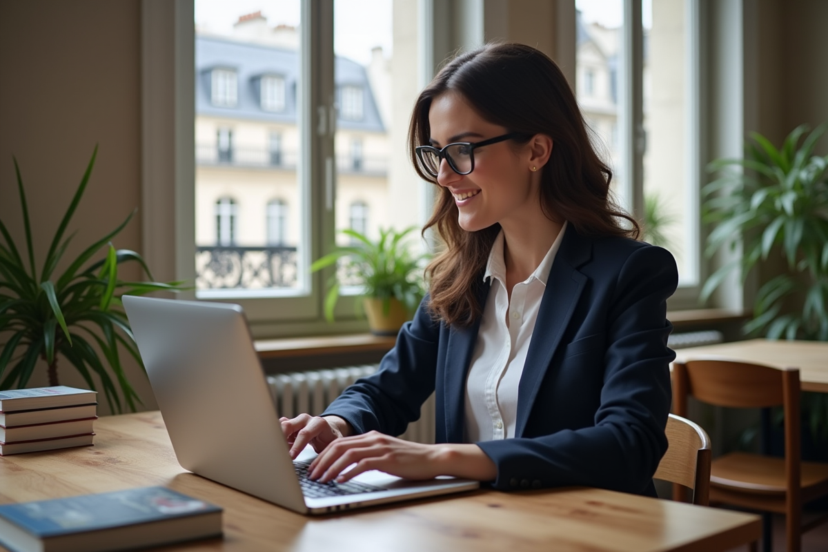 Femme au bureau à Paris avec vue sur architecture haussmannienne