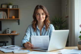 Femme d'affaires au bureau à domicile tenant un formulaire d'assurance