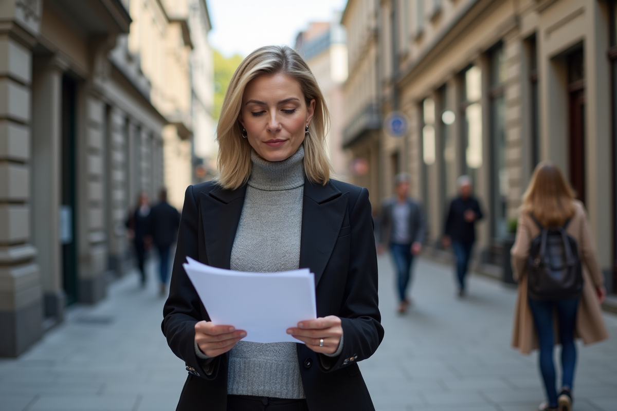 Femme entrepreneure vérifiant ses papiers en ville