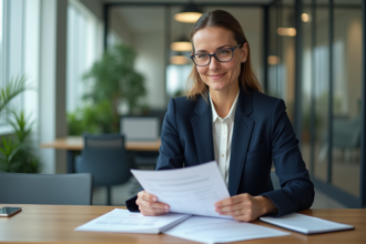 Femme d'affaires en costume bleu dans une banque moderne
