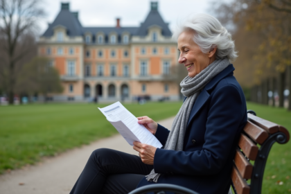 Femme âgée souriante consulte documents financiers dans un parc