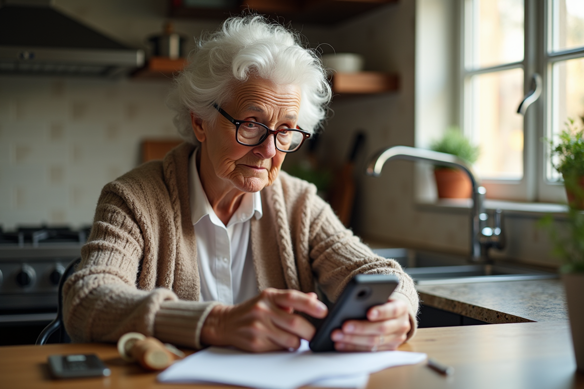 Femme âgée vérifiant notes de sécurité crypto dans la cuisine