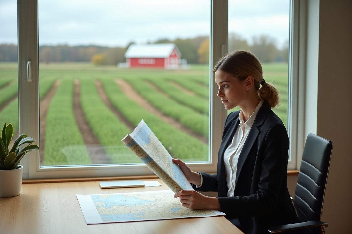 Jeune femme en bureau examinant une carte des terres