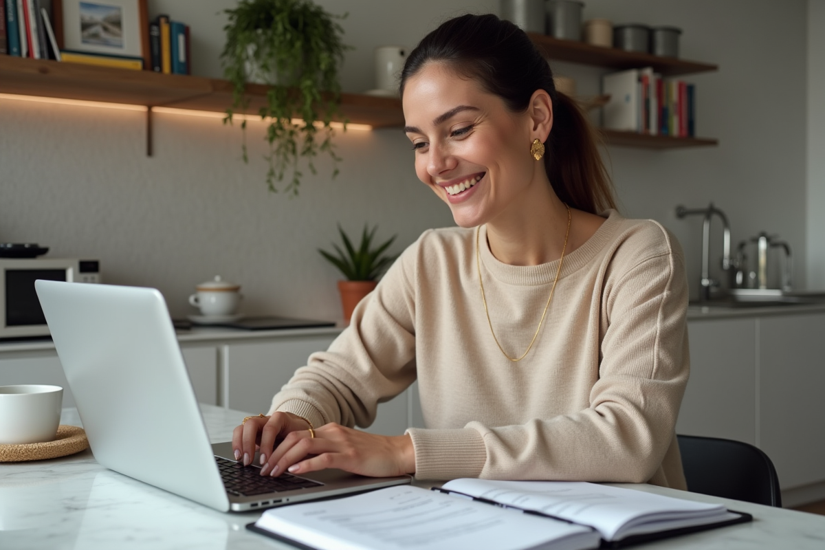 Femme souriante utilisant un ordinateur dans sa cuisine