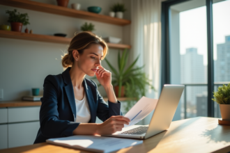 Jeune femme au bureau compare documents et ordinateur