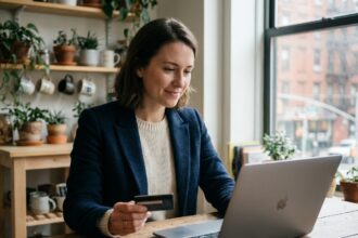 Jeune femme souriante avec carte bancaire et ordinateur
