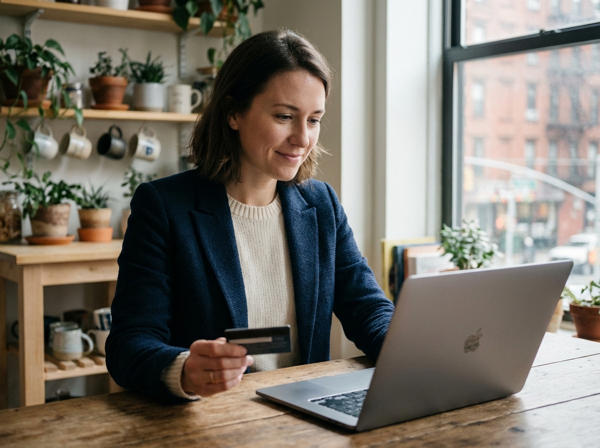Jeune femme souriante avec carte bancaire et ordinateur