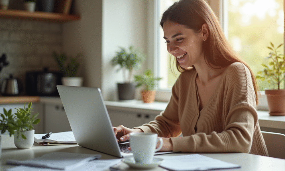 Jeune femme souriante vérifiant ses finances sur un ordinateur dans une cuisine lumineuse