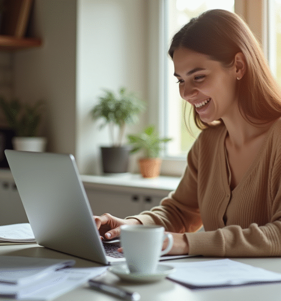 Jeune femme souriante vérifiant ses finances sur un ordinateur dans une cuisine lumineuse