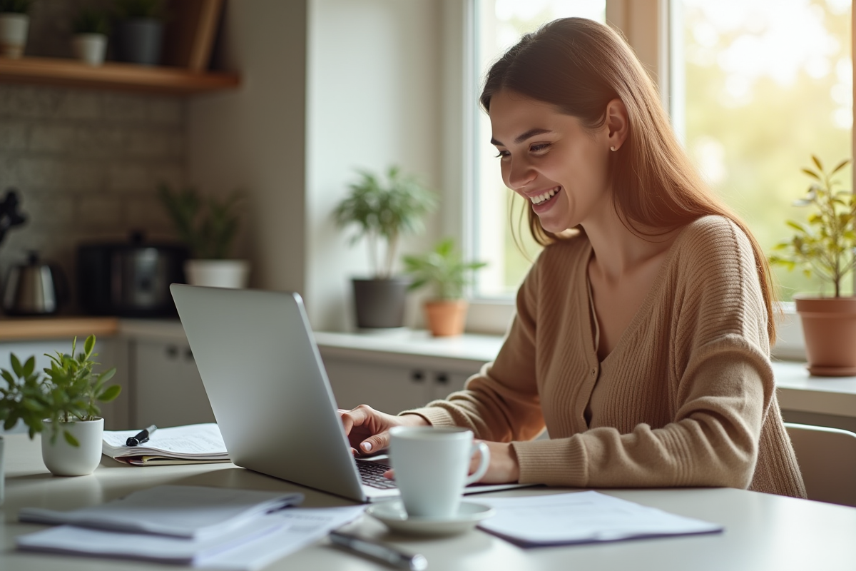 Jeune femme souriante vérifiant ses finances sur un ordinateur dans une cuisine lumineuse