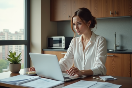 Femme en blouse blanche et jeans à la cuisine avec documents