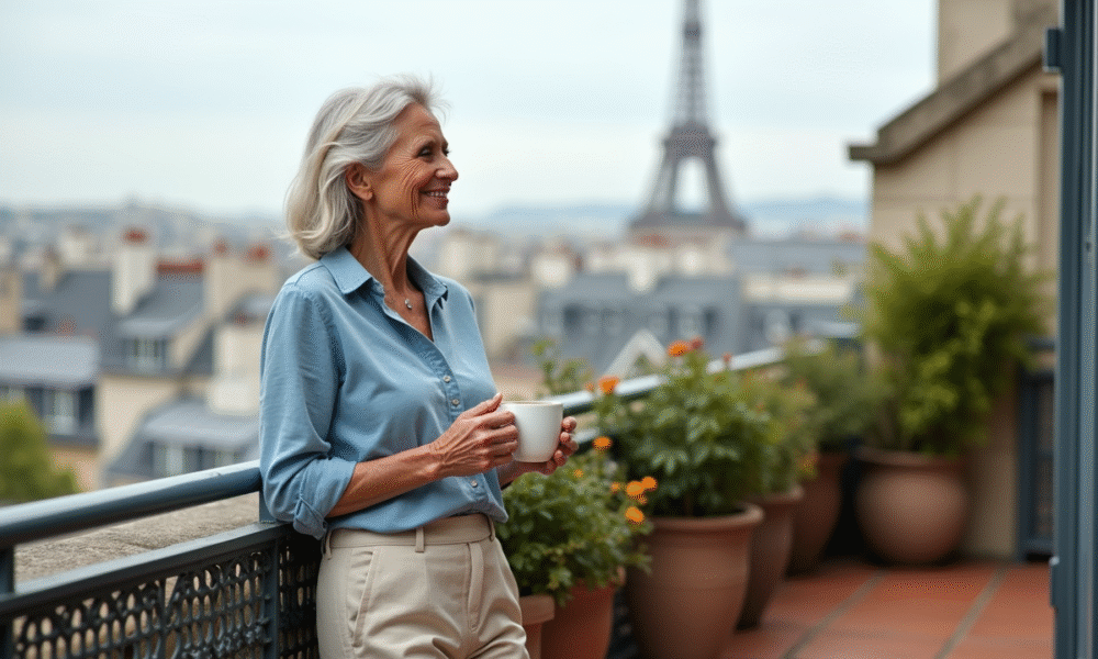 Femme française souriante sur un balcon parisien