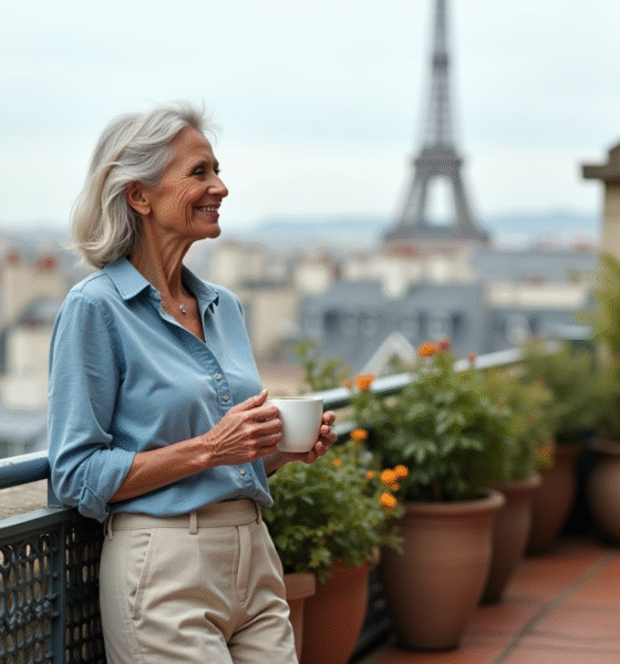 Femme française souriante sur un balcon parisien