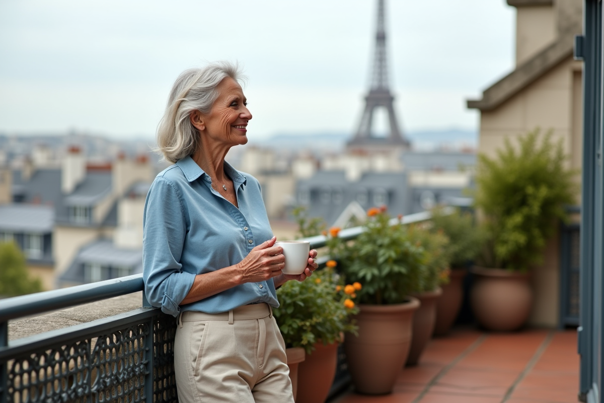 Femme française souriante sur un balcon parisien