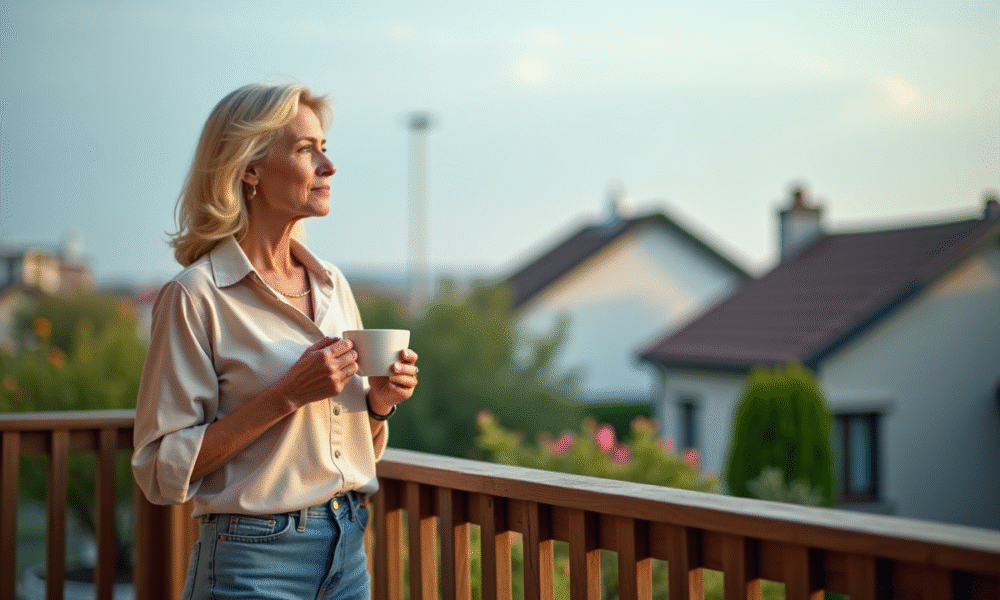Femme contemplative sur la veranda en regardant au loin
