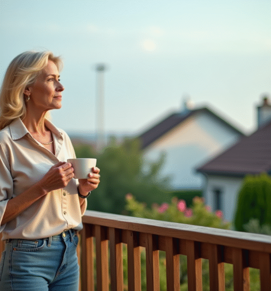 Femme contemplative sur la veranda en regardant au loin