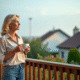 Femme contemplative sur la veranda en regardant au loin
