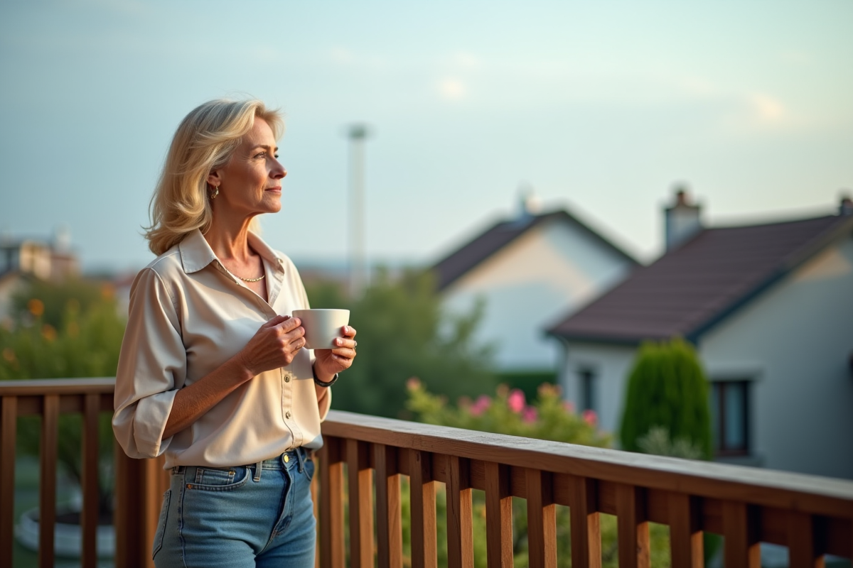 Femme contemplative sur la veranda en regardant au loin