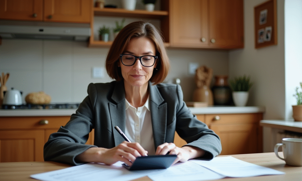 Femme d'âge moyen examinant des papiers de retraite à la maison