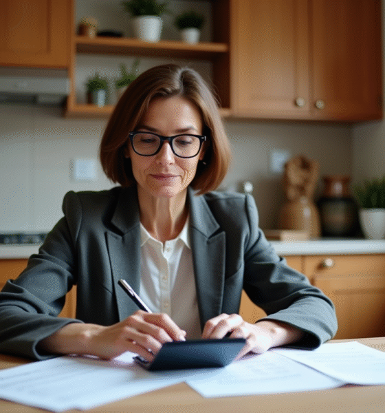 Femme d'âge moyen examinant des papiers de retraite à la maison