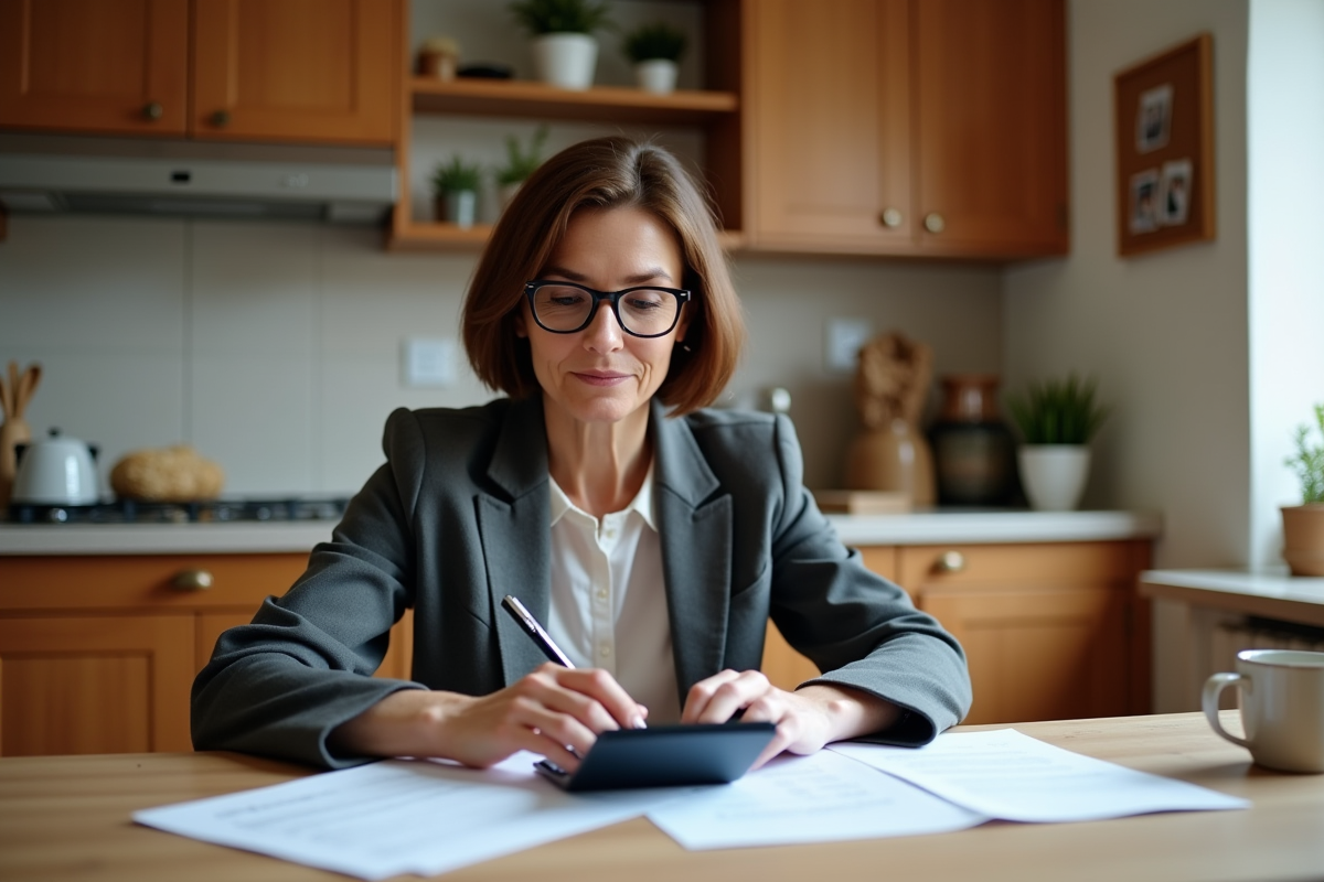 Femme d'âge moyen examinant des papiers de retraite à la maison