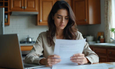 Femme examinant une lettre de refus d'assurance à la maison