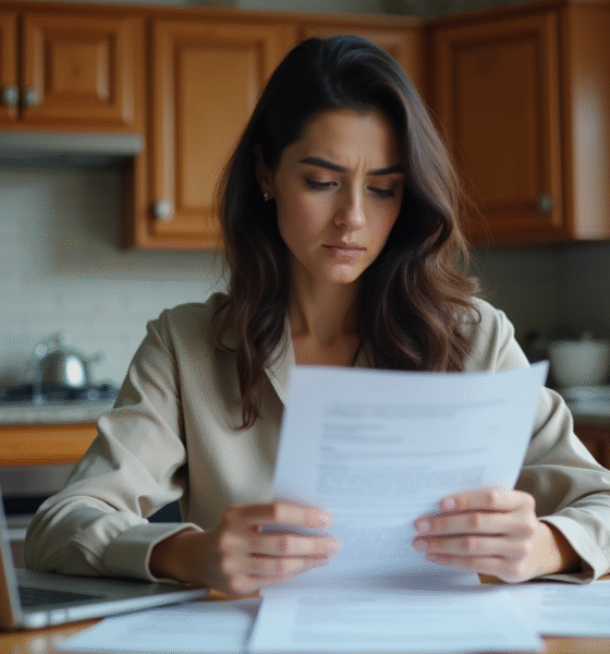 Femme examinant une lettre de refus d'assurance à la maison