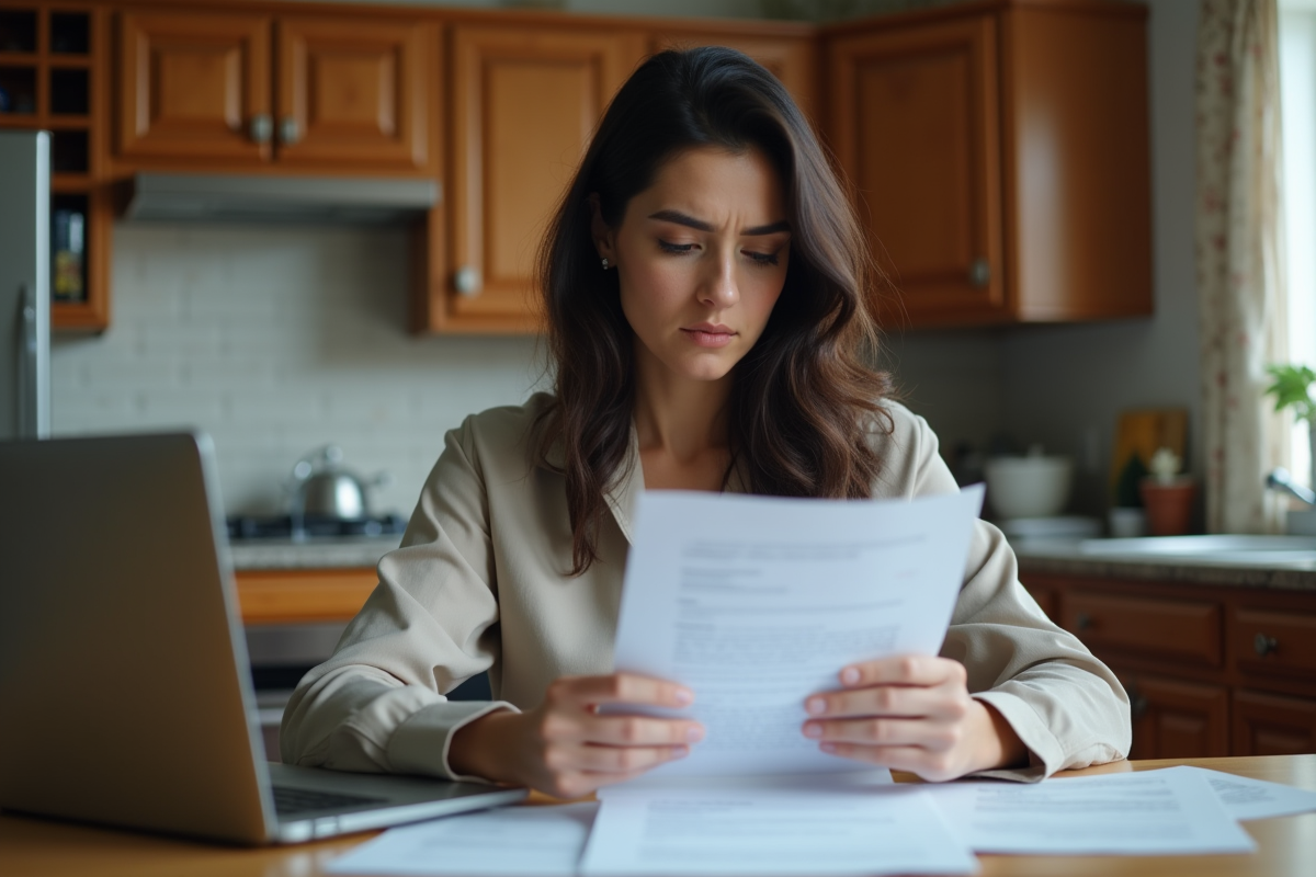 Femme examinant une lettre de refus d'assurance à la maison