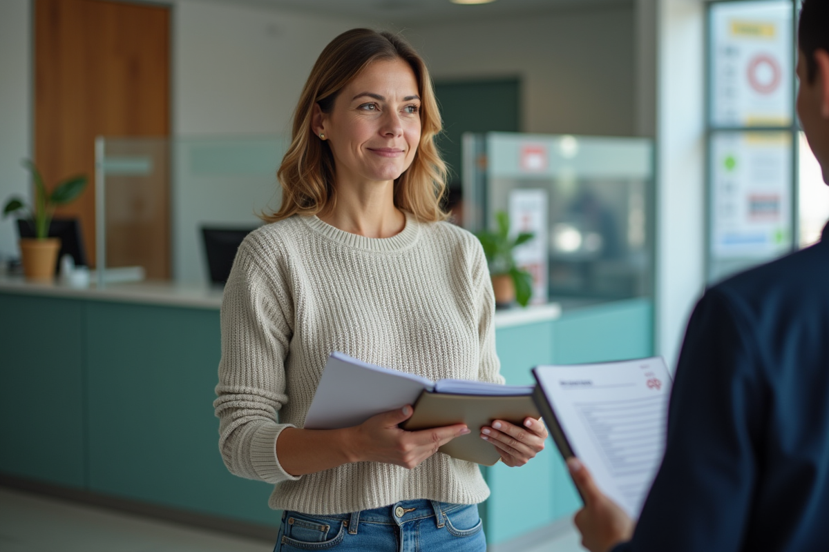 Femme au guichet de banque avec dossier de documents