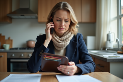Femme anxieuse avec portefeuille ouvert et téléphone