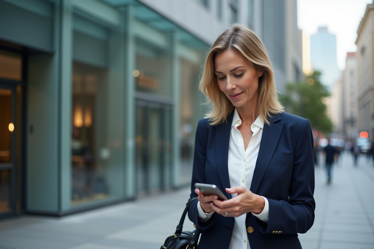 Femme vérifiant son smartphone dans la ville
