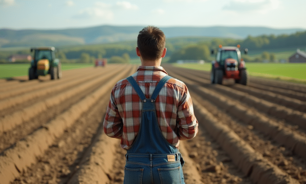Homme fermeur debout sur un champ labouré regardant au loin