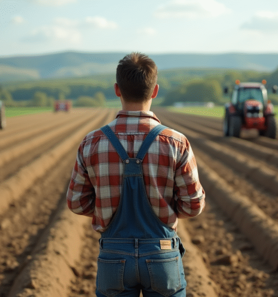 Homme fermeur debout sur un champ labouré regardant au loin