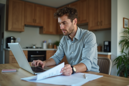 Jeune homme freelance travaillant à la maison avec documents