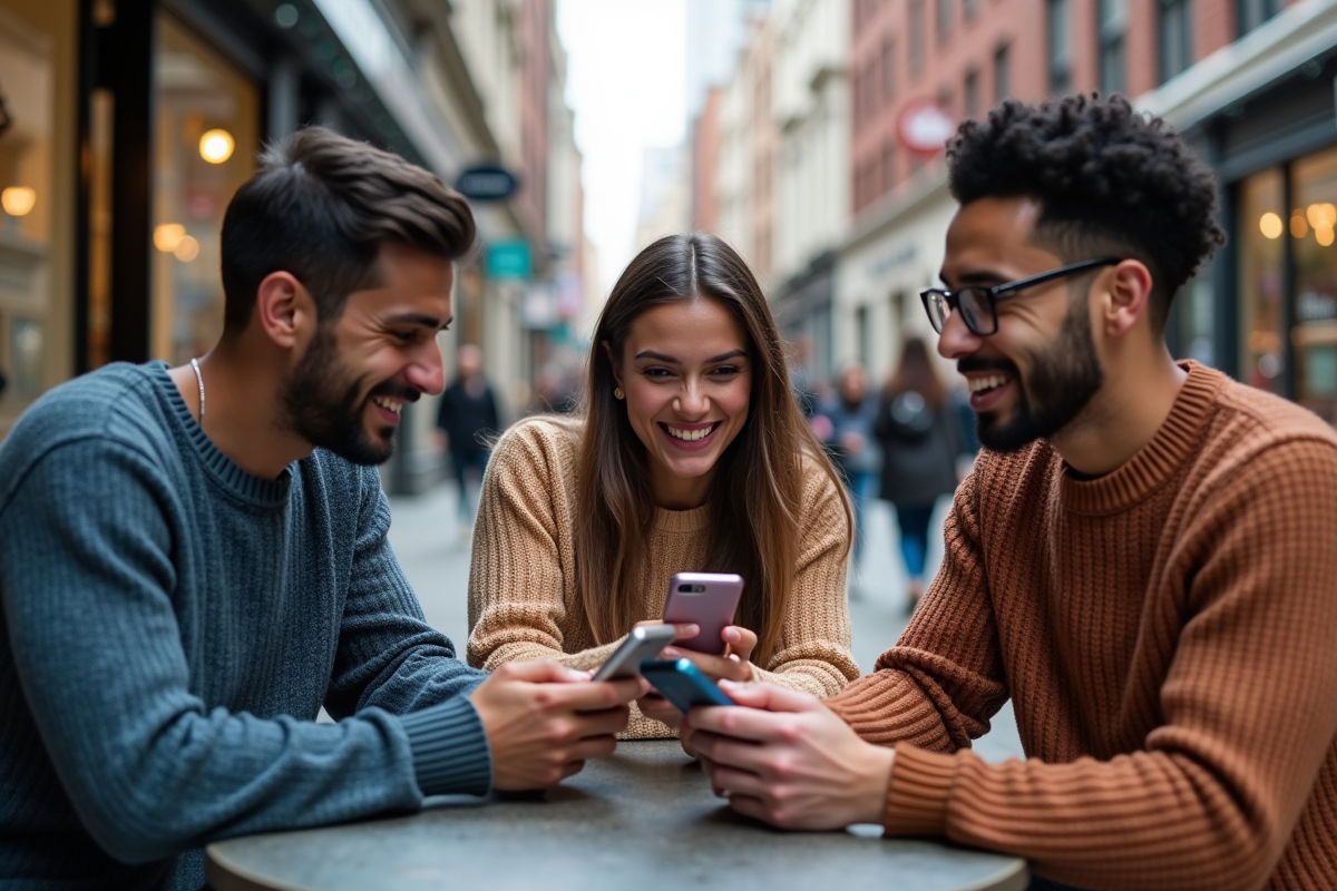Groupe de jeunes discutant autour d un café en ville