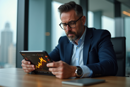 Homme d'affaires regardant un graphique Bitcoin sur une tablette