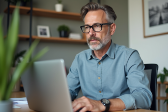 Homme d'affaires au bureau avec ordinateur portable