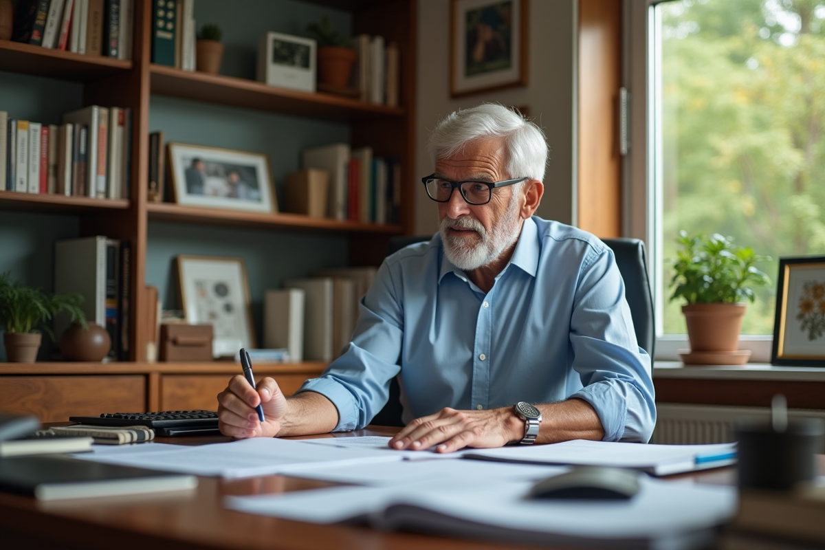 Homme d age travaillant sur ses papiers de retraite
