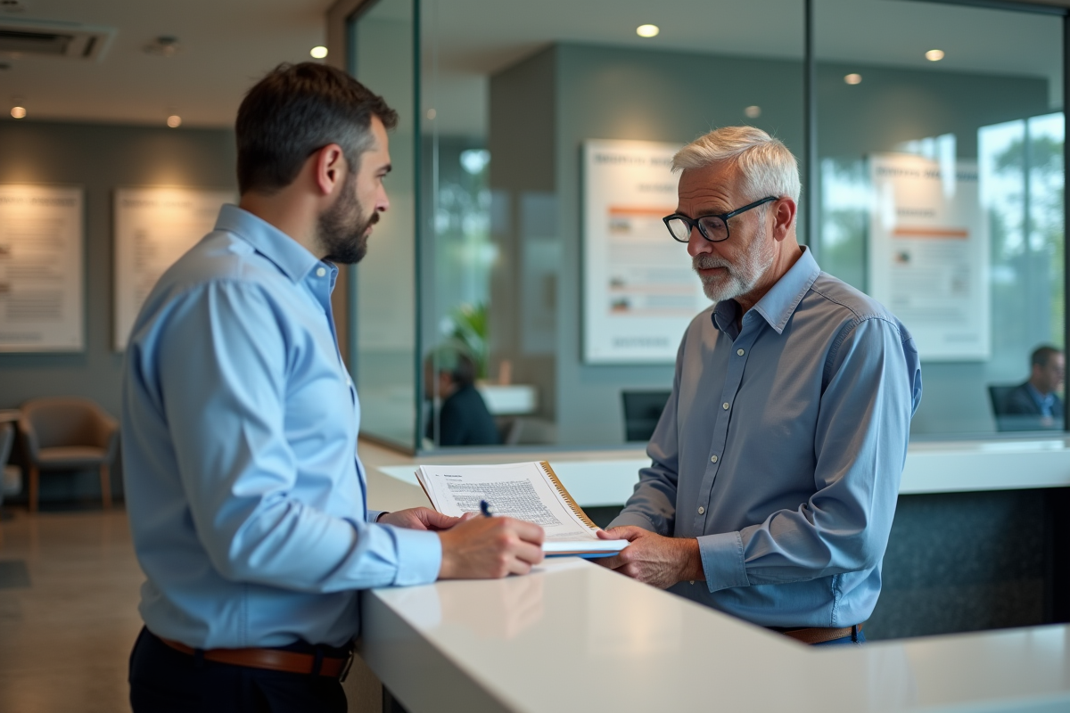 Homme d age consulte un conseiller bancaire dans une agence