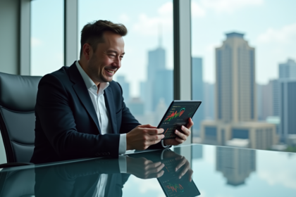 Homme d'affaires ressemblant à Elon Musk avec tablette dans un bureau moderne