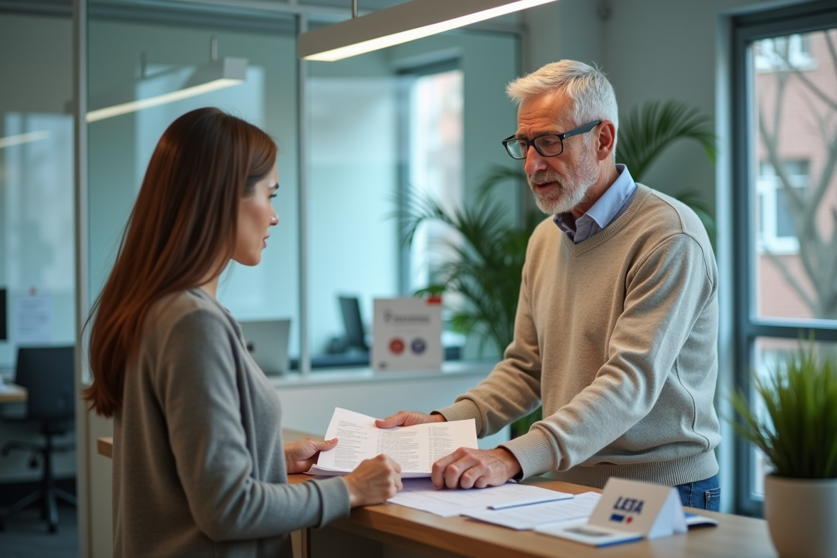 Homme remettant un dossier à un agent d