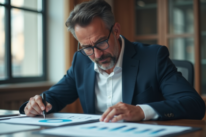 Homme d'âge moyen en costume bleu analysant des graphiques financiers
