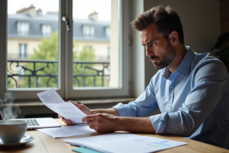 Homme français d'âge moyen examinant des documents fiscaux