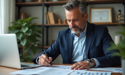 Homme daffaires en costume bleu travaillant sur ses impots