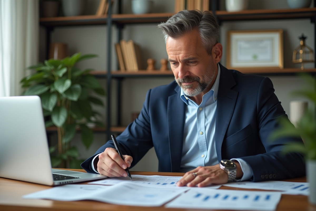 Homme daffaires en costume bleu travaillant sur ses impots