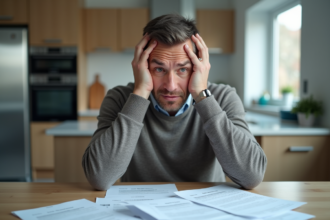 Homme d'âge moyen inquiet devant ses factures impayées