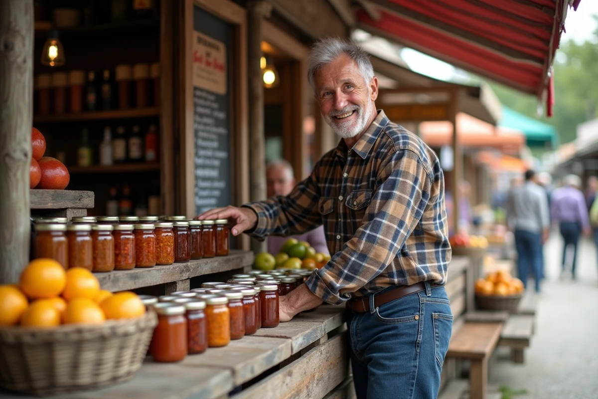 Homme retraité vendant des confitures au marché en plein air