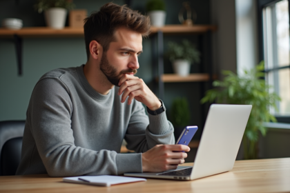 Jeune homme avec portefeuille numérique sur son ordinateur