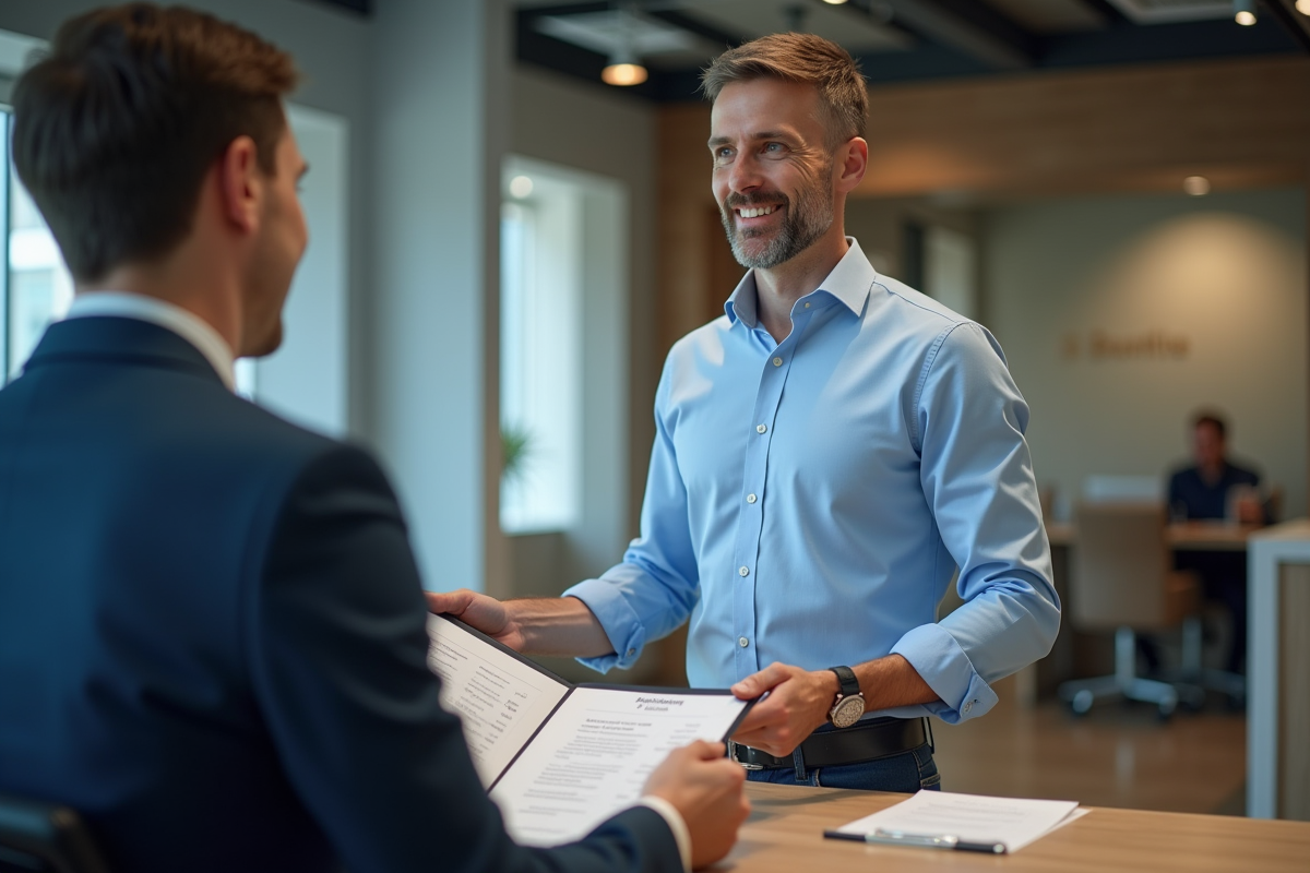 Homme en chemise bleue remettant un dossier de financement immobilier